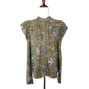 Rachel Zoe Olive Green Floral Puff Sleeve Button Up Shirt Size Small